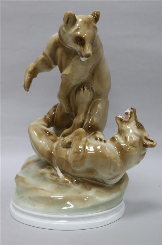 A Zsolnay ceramic figure group of brown bears fighting